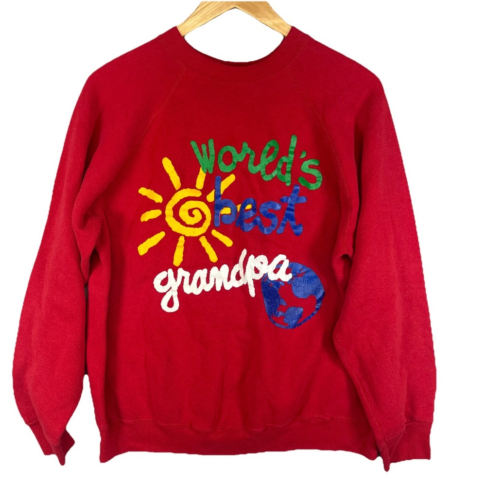 Tultex Crewneck Worlds Greatest Grandpa Sweatshirt Red Crew Sun Earth‎ Vintage